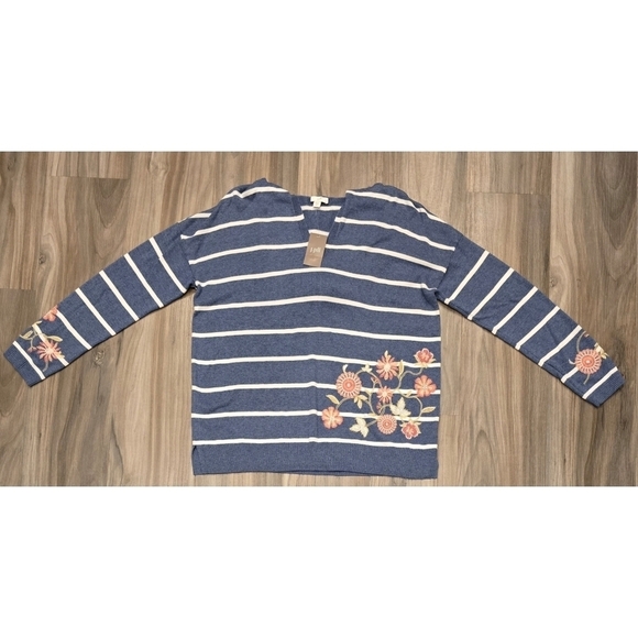 NWT J Jill Striped Floral Embroidered Hooded Pullover Sweater Size Medium - Picture 1 of 8